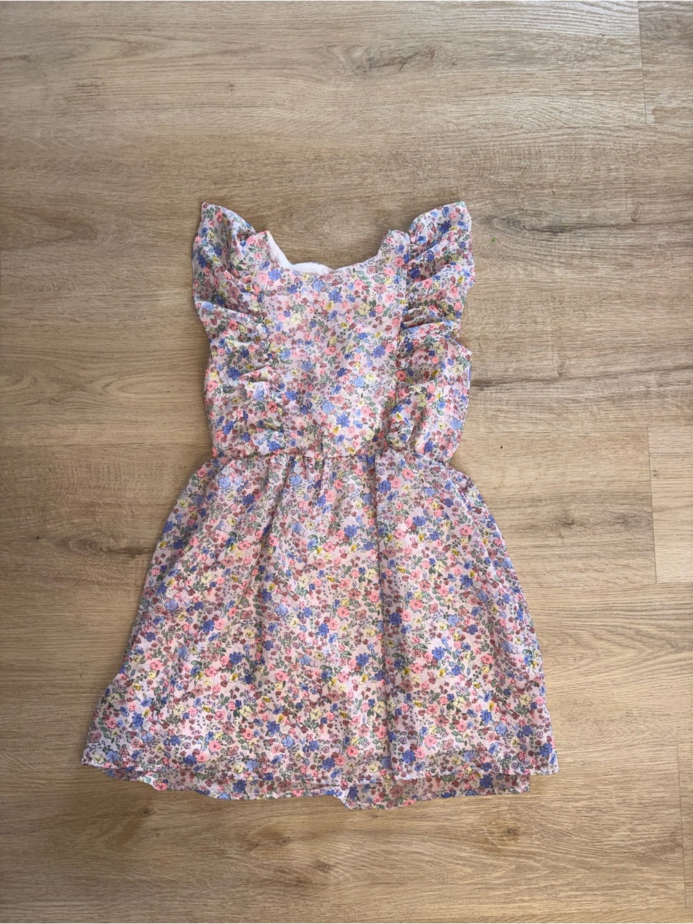 Girls Pink Floral Ruffle Sleeve Dress